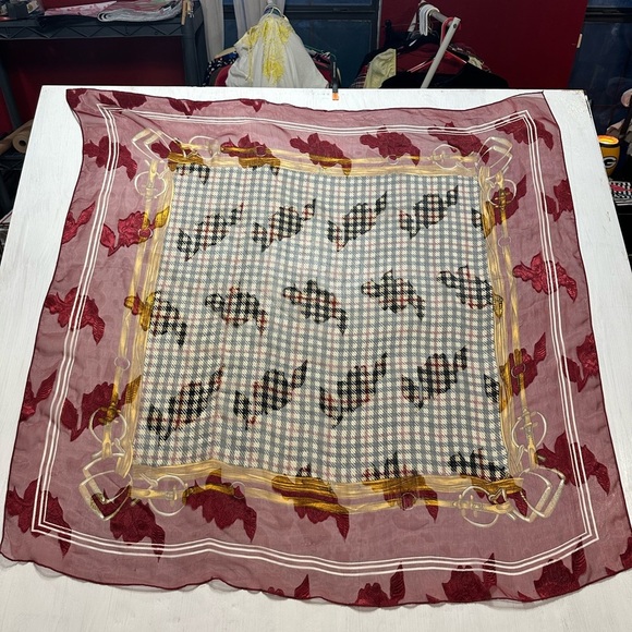 Vintage Burgundy Plaid Equestrian Print Scarf 39” Square Polyester Shawl Wrap - Picture 2 of 8